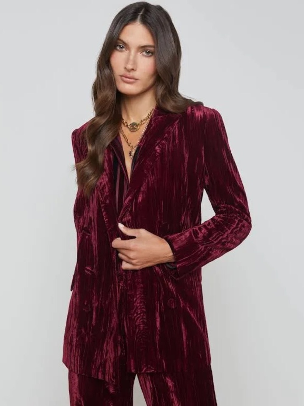 L'Agence Double Breasted Blazer Pant Set Velvet Pant Suit Wine Maroon Textured 4